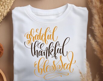 Agradecido, agradecido, bendecido SVG, clipart de Acción de Gracias, decoración de otoño Png, archivos de corte de otoño, sublimación, descarga digital para Cricut y Silhouette