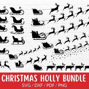 Christmas Santa Sleigh Bundle, Santa Sleigh Reindeers Clipart, Flying Santa Silhouettes Png, DXF, Elf PDF, Cut file for Cricut & Silhouette
