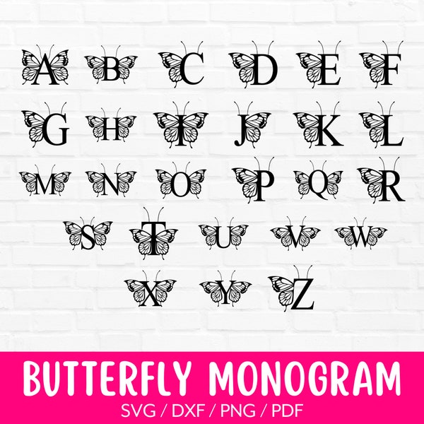 Butterfly Monogram Svg Font Letters, Cricut Font Svg Files, Split Monogram Name Frame Split Alphabet Letters Svg, Dxf, Printable Png Files