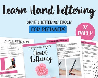 May include: A digital ebook titled "The Beginners Guide to Hand Lettering" with a pink flower on the cover. The ebook is 27 pages and teaches the basics of hand lettering.
