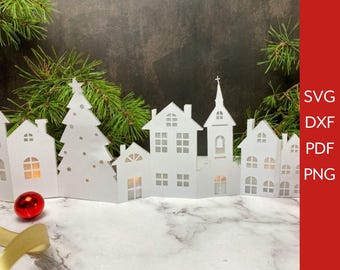 Christmas Village Svg | Paper Winter Display with Lights Svg | 3D Template, DIY Paper Decoration | SVG files for Cricut & Silhouette