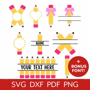 Pencil Monogram SVG Bundle, Split Pencil Name Label Frame Cut File, Teacher Design, Back to School Kids Clipart, Png for Cricut & Silhouette