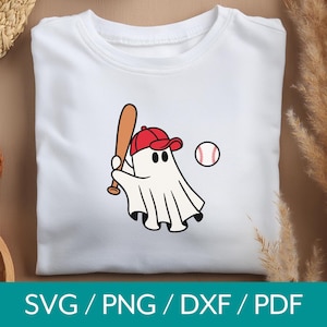 May include: A white ghost wearing a red baseball cap and holding a baseball bat. The ghost is holding a baseball bat and a baseball is in the background.