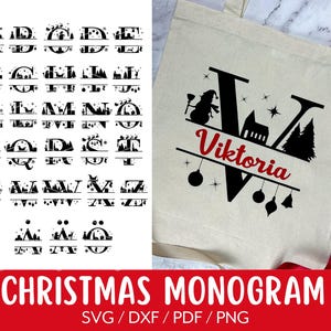 Kerst gesplitst alfabet SVG, kerst lettertype monogram SVG, 29 kerst hoofdletters, gesneden bestanden voor de Cricut en Silhouette