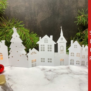 Village de Noël Svg | Présentoir d'hiver en papier avec lumières Svg | modèle 3D, décorations en papier pour bricolage | Fichiers SVG pour Cricut & Silhouette