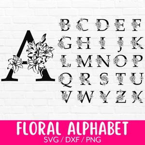 Pacote Svg de alfabeto floral, clipart de letra de monograma A-Z, vetor de letra floral PNG, designs de arquivo de corte de letras de casamento para Cricut e silhueta