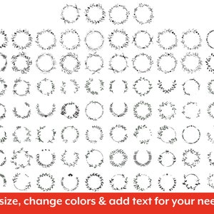 K&ouml;nnte beinhalten: Ein Set mit 60 handgezeichneten Kranzrahmen in Schwarzwei&szlig;. Die Kr&auml;nze bestehen aus verschiedenen floralen und blattmusterartigen Designs.