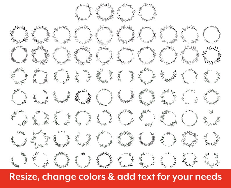 K&ouml;nnte beinhalten: Ein Set mit 60 handgezeichneten Kranzrahmen in Schwarzwei&szlig;. Die Kr&auml;nze bestehen aus verschiedenen floralen und blattmusterartigen Designs.