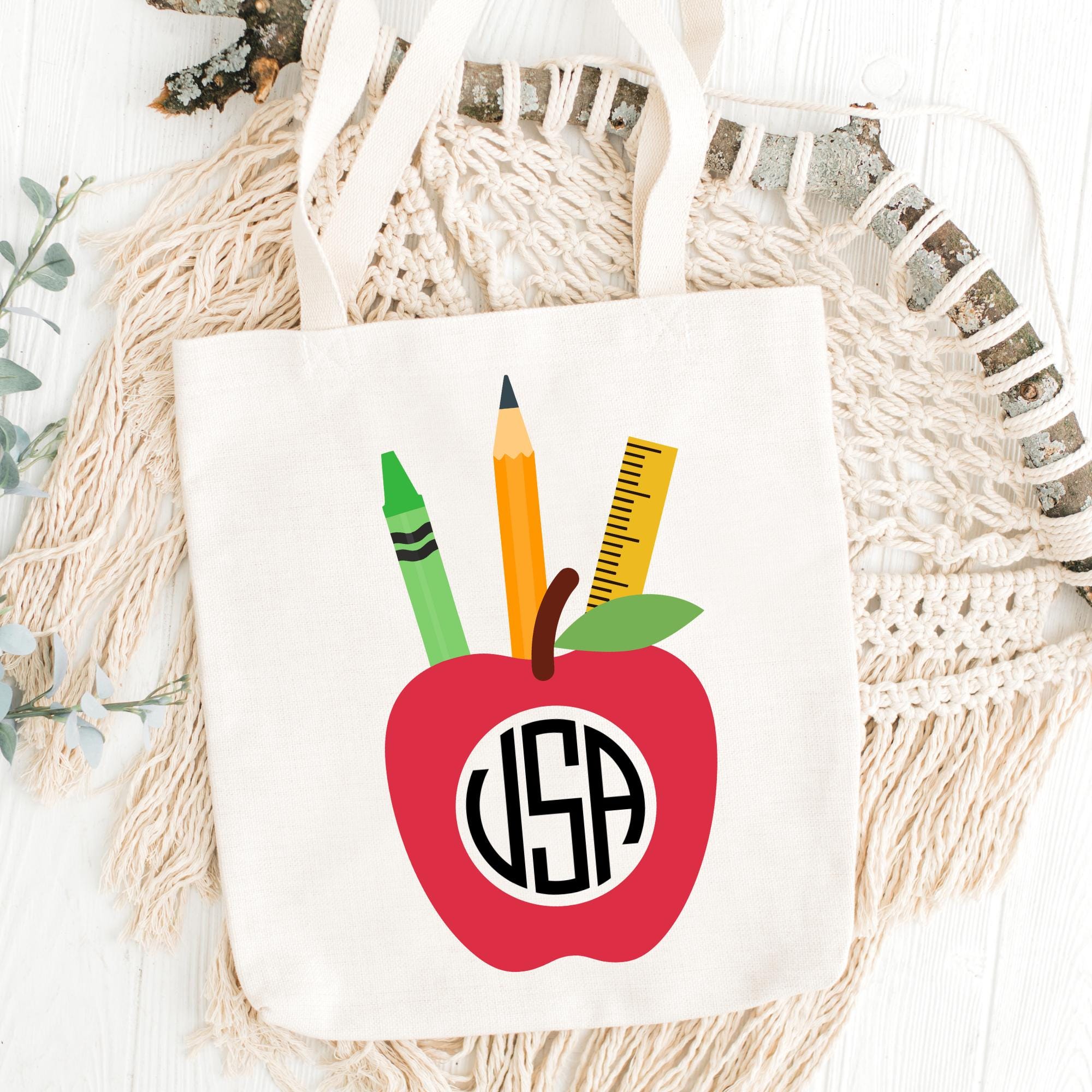 Apple Monogram SVG Bundle, School Supplies, Custom Name Label Frame Cut ...