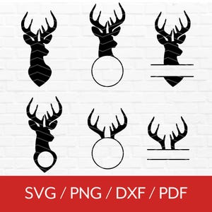 May include: Black deer head silhouettes with various design elements. Some include a circle or a banner for personalization. The image also includes the text "SVG / PNG / DXF / PDF" in a red banner.