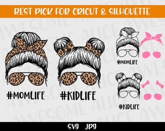 ママと子供の生活 SVG、ママと子供の生活 SVG、ママと娘 SVG、ママと生活 SVG、ヒョウ柄のママ SVG、メッシー バン ママ SVG