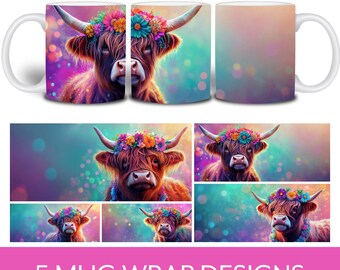 Hooglandkoe mok wrap bundel, schattige koe ontwerp, 11, 12 & 15oz mok sjabloon, digitale download, baby hooglandkoe bloemen sublimatie ontwerp