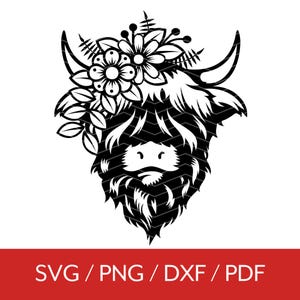 Highland Cow with Flowers SVG, Highland Cow Clipart Png, Baby Highland Cow, Cow Silhouette, Sublimation, Cut File for Cricut & Silhouette