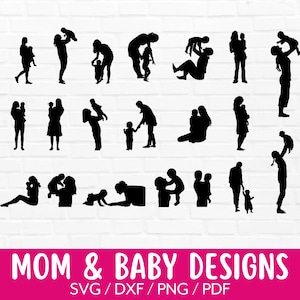 ママ SVG バンドル、ママと赤ちゃんのシルエット クリップアート、母と子の PNG、ママ ベクター、Cricut と Silhouette 用の母と子のカット ファイル デザイン