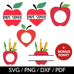 Pode incluir: Uma coleção de designs de maçãs vermelhas com folhas verdes e caules pretos. Algumas maçãs têm formato de coração ou um espaço para personalização. O texto "MRS. SMITH" está incluído em algumas maçãs. Um círculo vermelho com "+ BONUS FONT!" também está incluído.