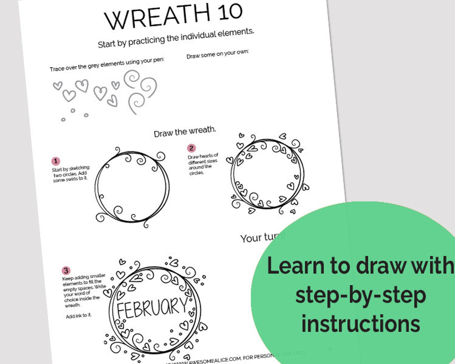 How to Draw Wreaths Printable Worksheets for Lettering, Bullet Journal ...