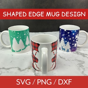 May include: Three ceramic mugs with different festive designs. The mugs have a unique shaped edge. The designs include a green mug with white trees and snowflakes, a blue mug with white trees and snowflakes, and a red and black plaid mug with a white gingerbread man design. The text "SHAPED EDGE MUG DESIGN" is at the top of the image. The text "SVG/PNG/DXF" is at the bottom of the image.