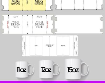 May include: A set of printable templates for creating custom 11-ounce, 12-ounce, and 15-ounce mug designs. The templates include sections for the left, right, and center of the mug, as well as a full mug view. The templates are in black and white and are ready to be printed and used.