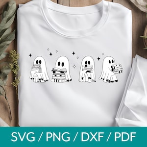 May include: Four white ghosts holding stacks of books. The ghosts are outlined in black and have simple facial features. The books are stacked in a pile and have black outlines.