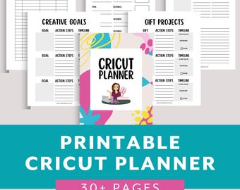 May include: Printable Cricut planner with over 30 pages. The planner includes sections for Cricut inventory, craft supplies log, creative goals, gift projects, and project planner. The cover features a colourful abstract design with a cartoon illustration of a woman using a Cricut machine.