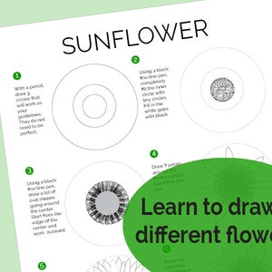 Pu&ograve; includere: Un foglio di lavoro stampabile in bianco e nero con istruzioni su come disegnare un girasole. Il foglio di lavoro include 6 passaggi con illustrazioni per ogni passaggio. Il testo sul foglio di lavoro dice "Impara a disegnare 9 fiori diversi".