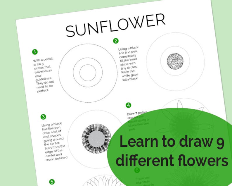 Pu&ograve; includere: Un foglio di lavoro stampabile in bianco e nero con istruzioni su come disegnare un girasole. Il foglio di lavoro include 6 passaggi con illustrazioni per ogni passaggio. Il testo sul foglio di lavoro dice "Impara a disegnare 9 fiori diversi".