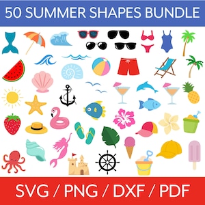 Summer SVG Bundle, 50 Beach, Ocean, Pool & Swimming Shapes Cut Files, PNG Clipart for Cricut and Sublimation Designs, Instant Download