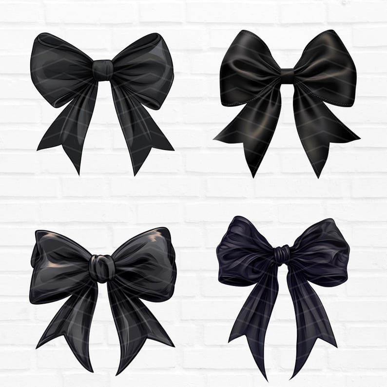 May include: Four black satin bows with different shapes and sizes. The bows are arranged in a grid pattern against a white brick background.