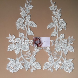 Lace Applique light ivory.beads ,Lace for Wedding dress ,Lace Applique for Wedding sold by a ( 1 Pair)