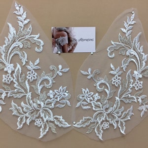 Lace Applique, white, metallic thread,Lace for Wedding Dresses, Lace, Applique, Wedding Applique, Floral lace appliqué,