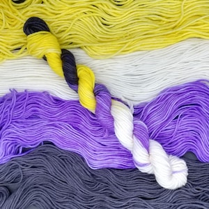 May include: A close-up of yarn in the colours of the non-binary pride flag. The yarn is arranged in four horizontal stripes: black, yellow, white, and purple. A strand of yarn in the colours of the non-binary pride flag is twisted and laid across the stripes.
