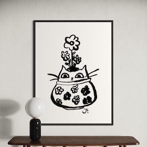 Ilustración minimalista de gato, decoración, regalo catlady, boceto de gato blanco y negro, maceta, póster, impresión digital A3, A4, A5