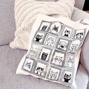 CAT family tote bag, tote bag, cats, art, screen printing, handmade