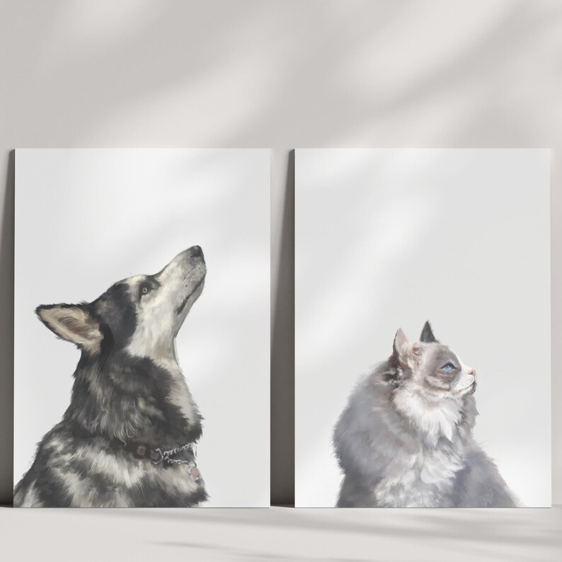 May include: Two separate illustrations of a dog and a cat. The dog is a black and white husky looking up. The cat is a grey and white fluffy cat looking to the right.