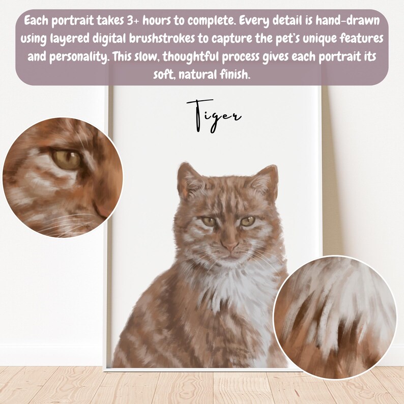May include: A digital painting of a tabby cat named "Tiger" with a white chest and a soft, natural finish. The painting is framed in a white frame and is on a white wall.