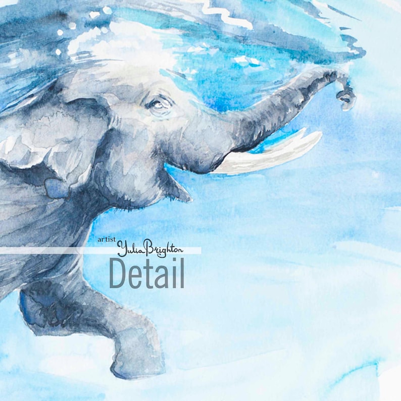 Happy elephant is swimming underwater. Watercolor original Etsy