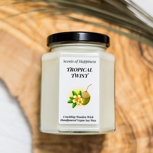 Tropical Twist, Handmade Scented Candle, Crackling Wooden Wick, Soy Wax, Clear Glass, Vegan, Hand Poured In The UK, Gift, Home Decor