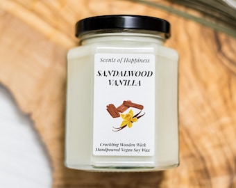 Sandalwood Vanilla Candle Crackling Wooden Wick Candle Sandalwood Candle Scented Candle Soy Candle Handmade