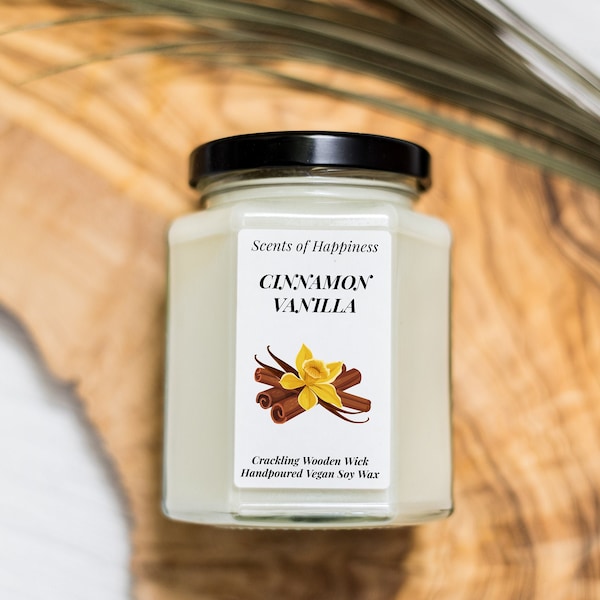 Cinnamon Vanilla Candle Scented Candle Crackling Wooden Wick Fall Candle Cinnamon Candle Winter Candle