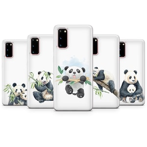 May include: A collection of five white phone cases featuring watercolor illustrations of pandas. The pandas are depicted in various poses, including eating bamboo, hanging from a branch, and cuddling. The cases have a clear, protective design.
