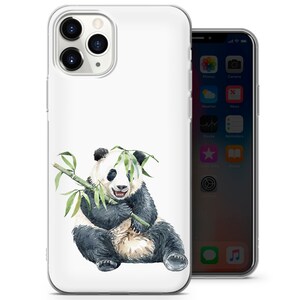 May include: A white phone case featuring a watercolor illustration of a panda bear holding bamboo. The panda is black and white with green bamboo leaves. The phone case is on a white background.