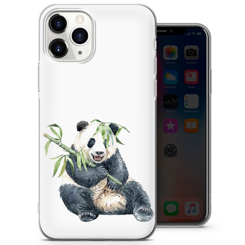 May include: A white phone case featuring a watercolor illustration of a panda bear holding bamboo. The panda is black and white with green bamboo leaves. The phone case is on a white background.