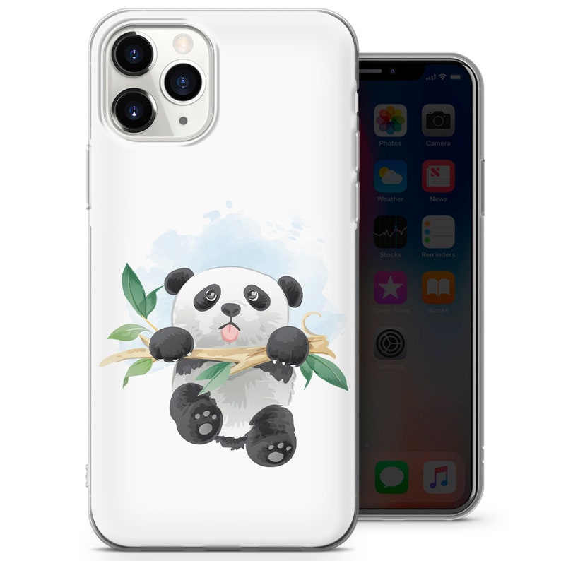 May include: White phone case featuring a watercolor illustration of a panda bear hanging from a branch. The panda has black ears, eyes, and paws, with a pink tongue sticking out. Green leaves and a blue watercolor background complete the design.