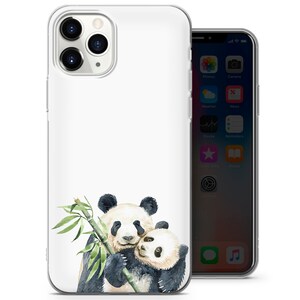 May include: A white phone case featuring a watercolor illustration of two pandas hugging, with a bamboo stalk. The pandas are black and white, with a light beige face. The phone case is on a white background.