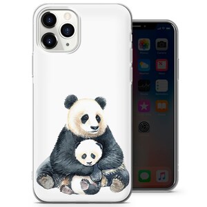 May include: A white phone case featuring a watercolor illustration of a panda bear embracing a baby panda. The design showcases the pandas in black, white, and gray tones. The case is shown next to a smartphone.