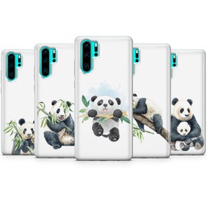 May include: A collection of five white phone cases, each featuring a different watercolor illustration of a panda bear. The pandas are depicted in various poses, including eating bamboo and holding onto branches. The cases have a clear, protective design.