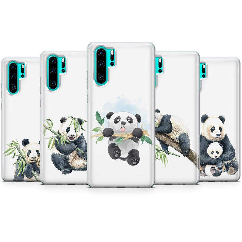 May include: A collection of five white phone cases, each featuring a different watercolor illustration of a panda bear. The pandas are depicted in various poses, including eating bamboo and holding onto branches. The cases have a clear, protective design.