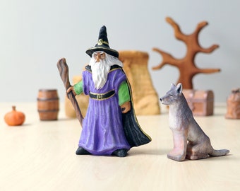 Handmade Wooden Wizard & Wolf Toy Set: Waldorf Montessori Figurine
