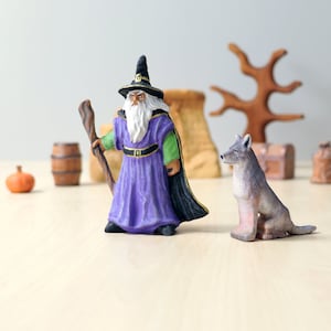 Conjunto de brinquedos de madeira feitos à mão, mago e lobo: estatueta Waldorf Montessori
