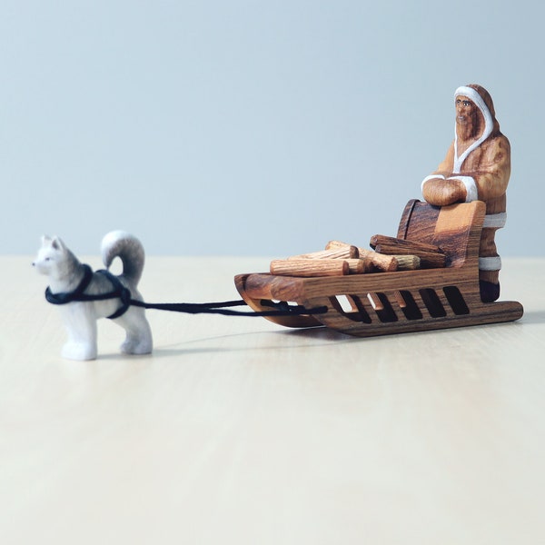 Inuit Holzfiguren, Eskimofiguren aus Holz, Handgemachtes Spielzeug, Inuit mit Hund und Schlitten, Tierspielzeug aus Holz, Spielset, Geschenk für Kinder